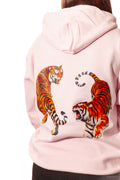 Pink hoodie with tiger designs on the back