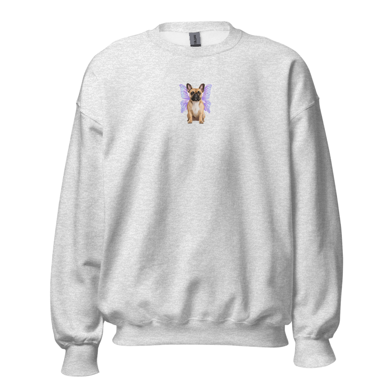 A light heather gray crewneck sweatshirt featuring a small graphic of a French Bulldog dressed as a fairy with purple wings on the center chest, displayed against a solid white background.