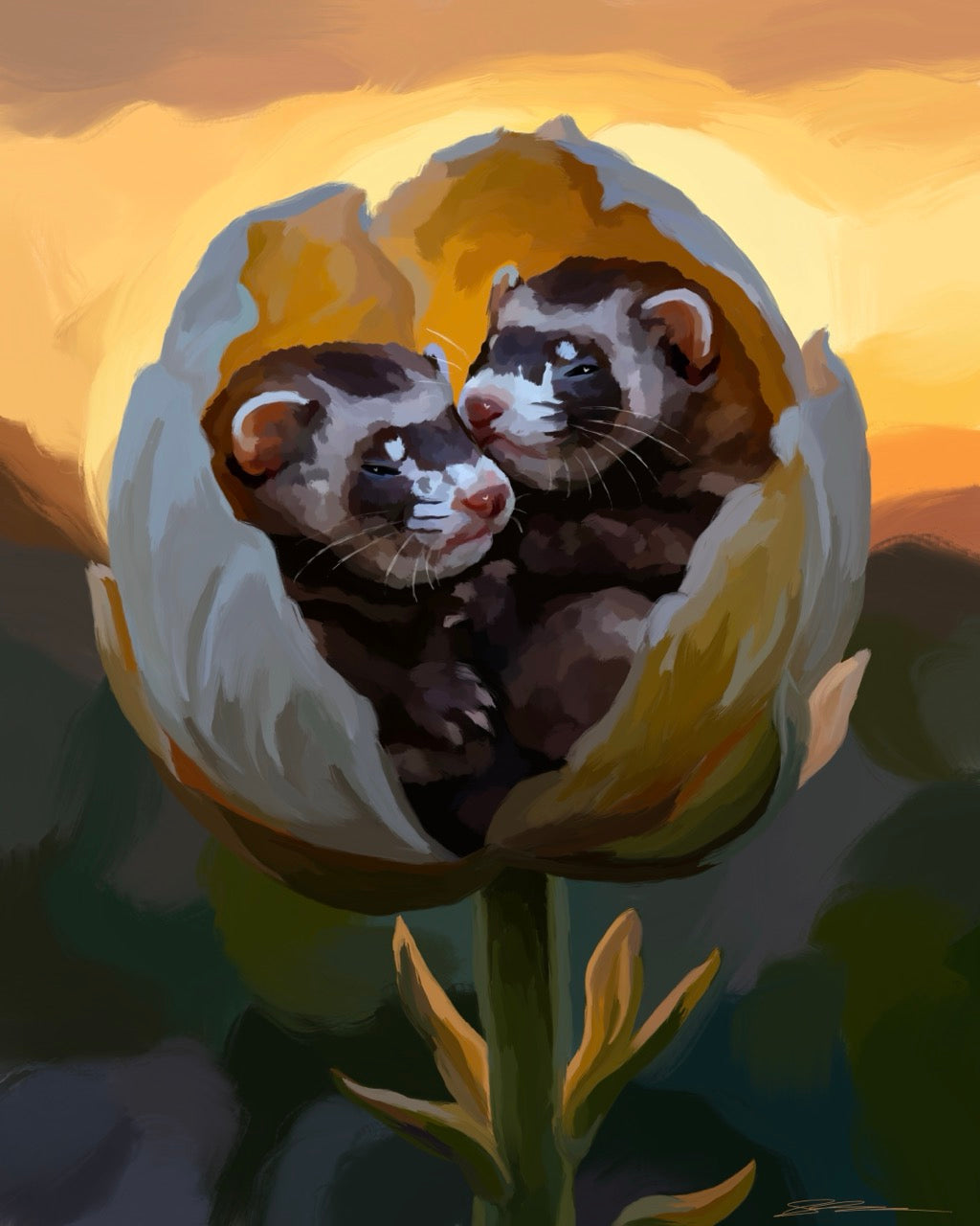 Two ferrets sleeping together a flower with a sunset background