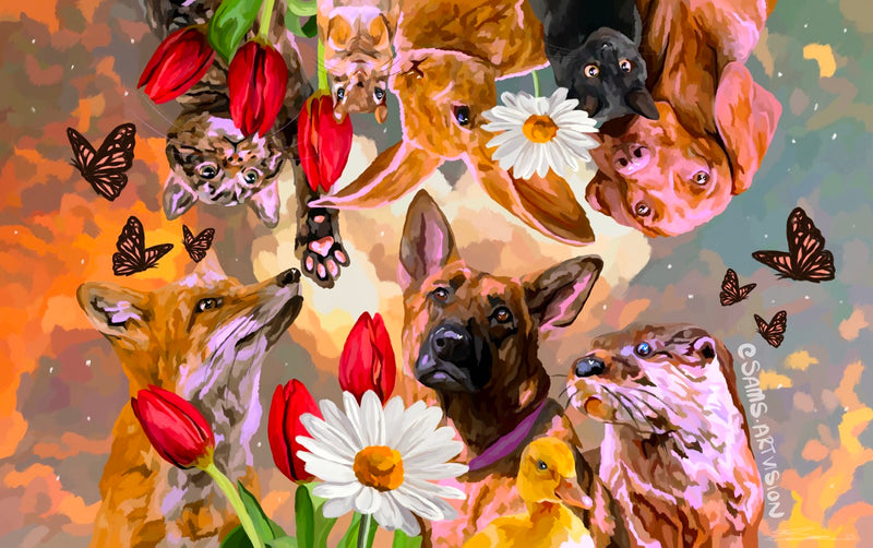 Artistic depiction of dogs, flowers, and butterflies with a colorful background