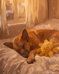 Dog sleeping on a bed with a plush toy next to it in a warm-toned room.