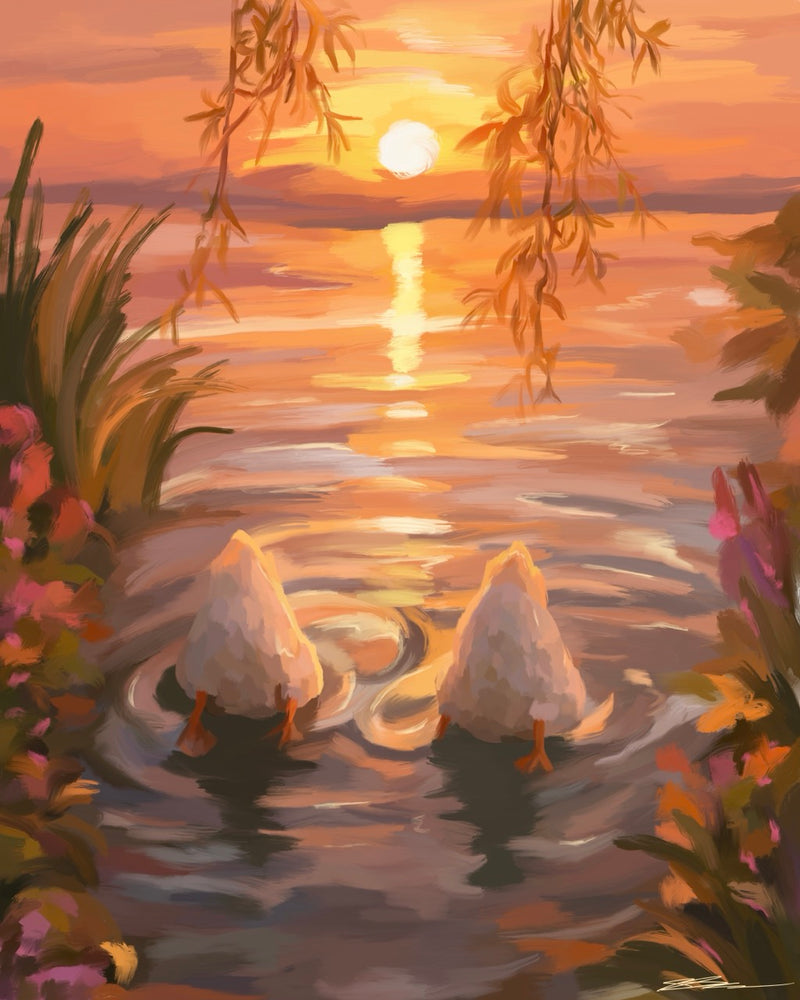 Two swans on a lake at sunset with willow trees and flowers.
