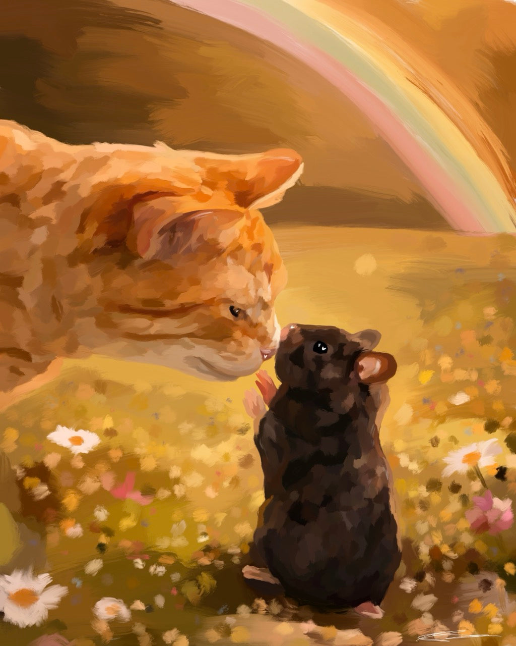 Illustration of an orange cat and a brown hamster sitting together in a flower field with a rainbow in the background