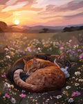 Two cats sleeping in a field of flowers with a sunset in the background