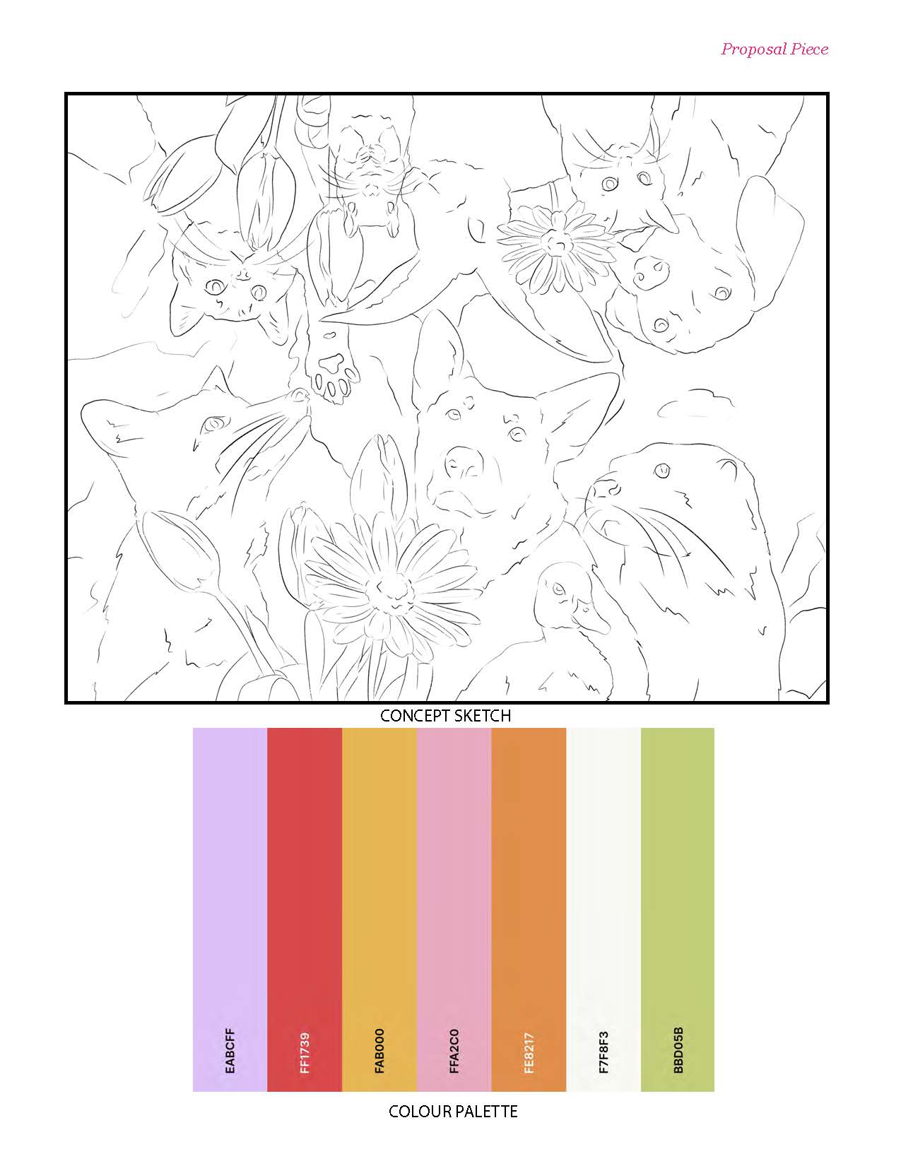 Color swatches with a color palette and concept sketch of floral design.